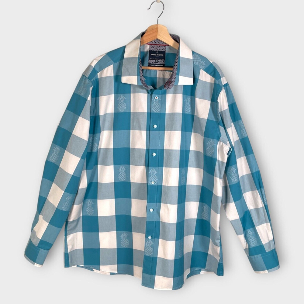 Daniel Hechter Paris Shirt XXL Long Sleeve Blue Check Pineapple 100% Cotton EUC